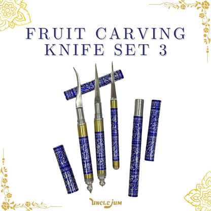 Set of 3 Thai Fruit & Soap Carving Knives – Handmade Stainless Steel Blades with Traditional Thai Pattern Handles | Professional Sculpting Tools for Fruit, Vegetable & Soap Art