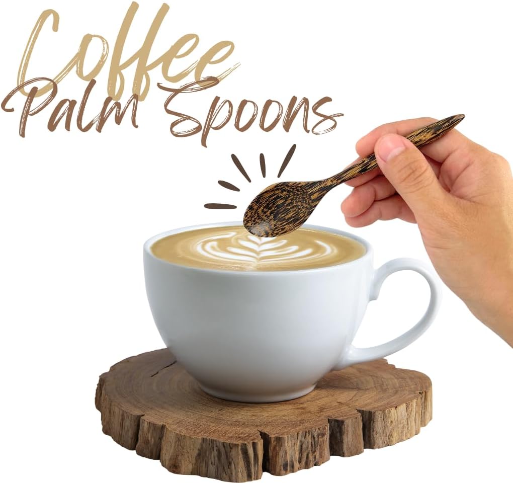 Handmade Wooden Coffee Tea & Spice Spoons – Set of 10 Palm Wood Mini Spoons | Rustic Natural Utensils for Kitchen, Café, or Gift Set