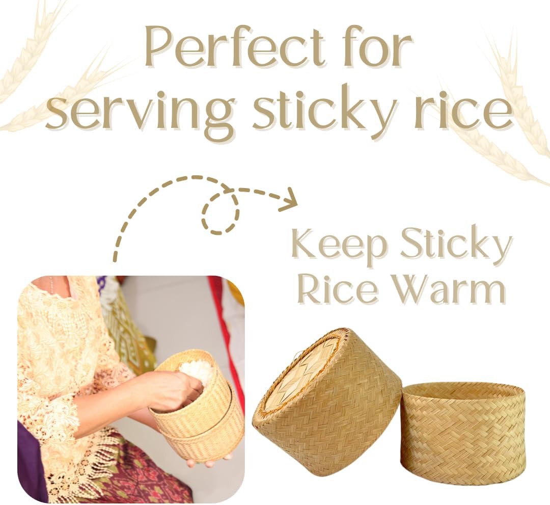 Handcrafted Woven Bamboo Sticky Rice Containers, 4.5 Inches | Traditional Thai Serving Basket | Natural Bamboo Kitchenware by UNCLEJUM