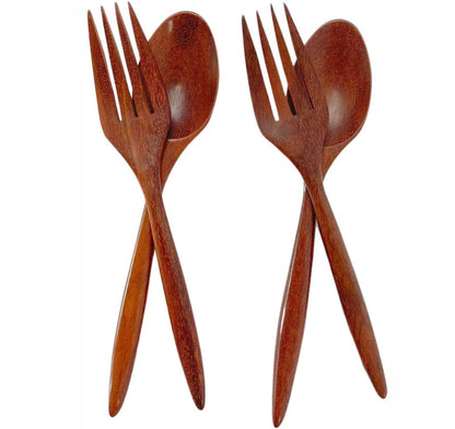Set of 2 Pairs Wooden Dinner Spoons and Forks – 7 inch Redwood Utensil Set | Handmade Rustic Dining Cutlery for Salad, Pasta, and Everyday Meals