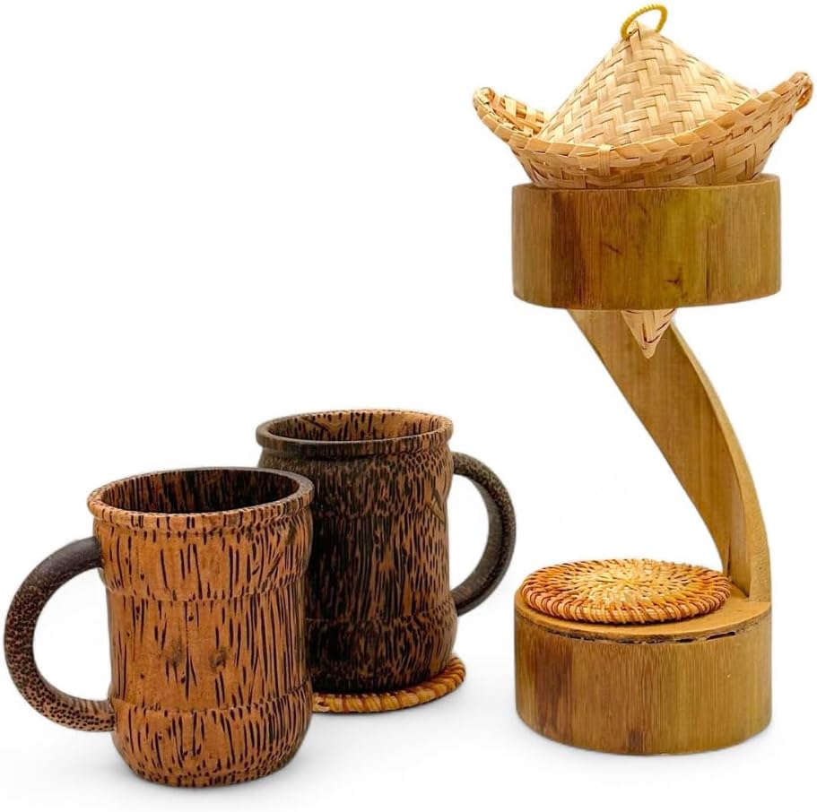 Bamboo Coffee Drip Set – 4" Basket with Lid + 2 Cups & Coasters + Drip Base | Eco-Friendly Pour-Over Coffee Kit, Sustainable Brewing Accessories