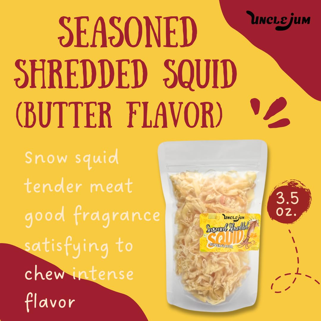 UNCLEJUM Dried Seasoned Shredded Squid (Butter Flavor) – 3.5 oz Snack