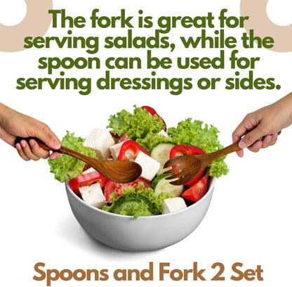 Set of 2 Wooden Spoon and Fork Pairs – 9” Natural Wood Cooking Utensils for Salad, Stirring, and Serving – Handmade Kitchen Tool Set