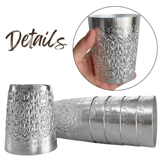 Set of 6 Vintage Aluminum Thai Traditional Design Mugs – Lightweight Beverage Cups for Home, Restaurant, or Decor