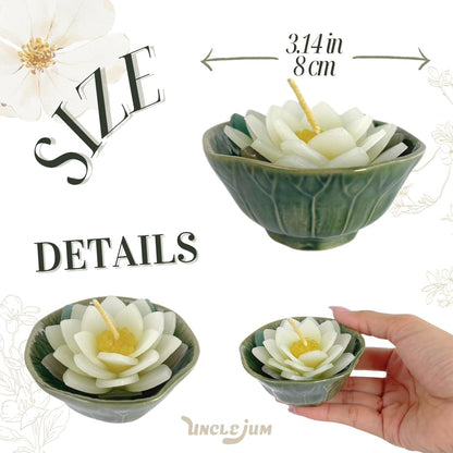 Set of 2 Lotus Flower Candle in Ceramic Bowl (3") Handmade Floating Lotus Tealight for Spa, Meditation, and Home Décor
