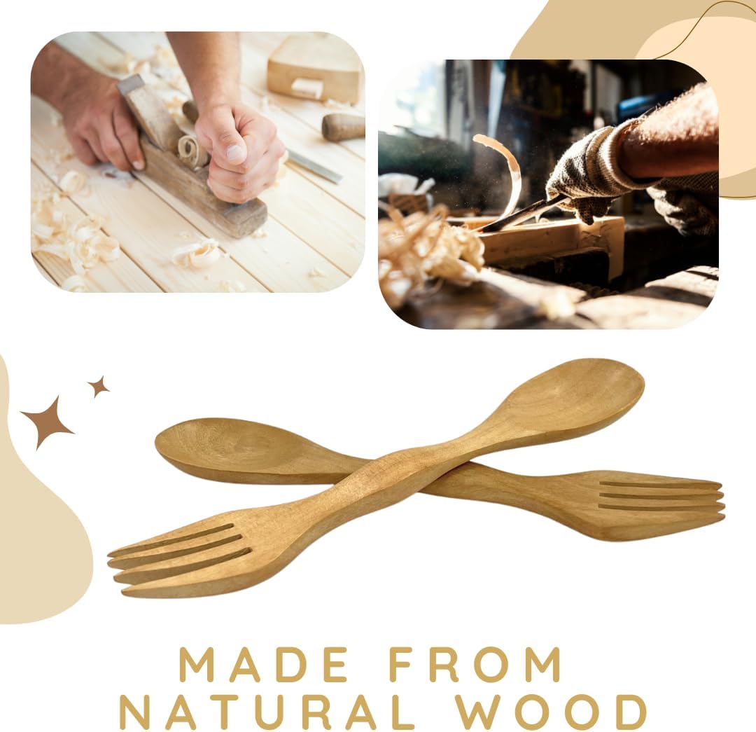 6 Inch Wooden Spoon and Fork (Spork) Set – Reusable Dual Purpose Wood Cutlery for Dessert, Snacks, Camping and Travel