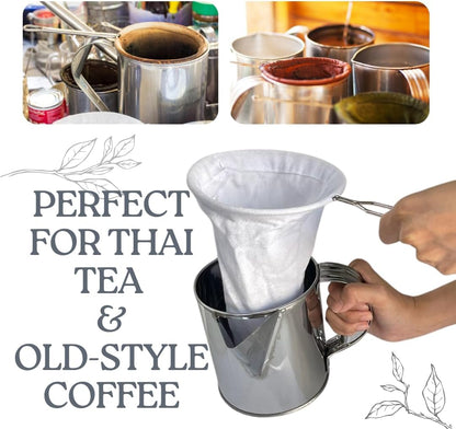Stainless Steel Thai Tea Pot with Reusable Cloth Filter – Traditional Thai Coffee & Tea Strainer Set