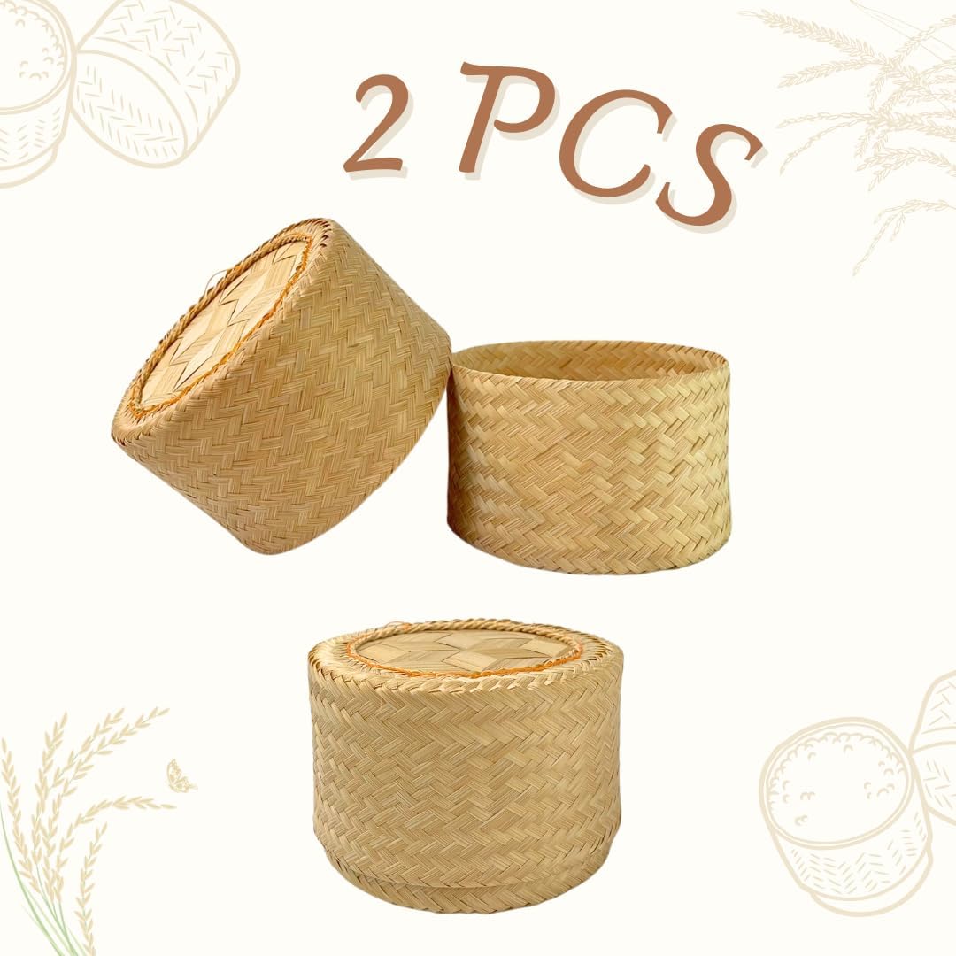 Handcrafted Woven Bamboo Sticky Rice Containers, 4.5 Inches | Traditional Thai Serving Basket | Natural Bamboo Kitchenware by UNCLEJUM
