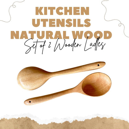 Set of 2 Natural Wooden Ladles – Handmade Palm Wood Soup Spoons 11 Inches, Eco-Friendly Kitchen Utensils & Tools
