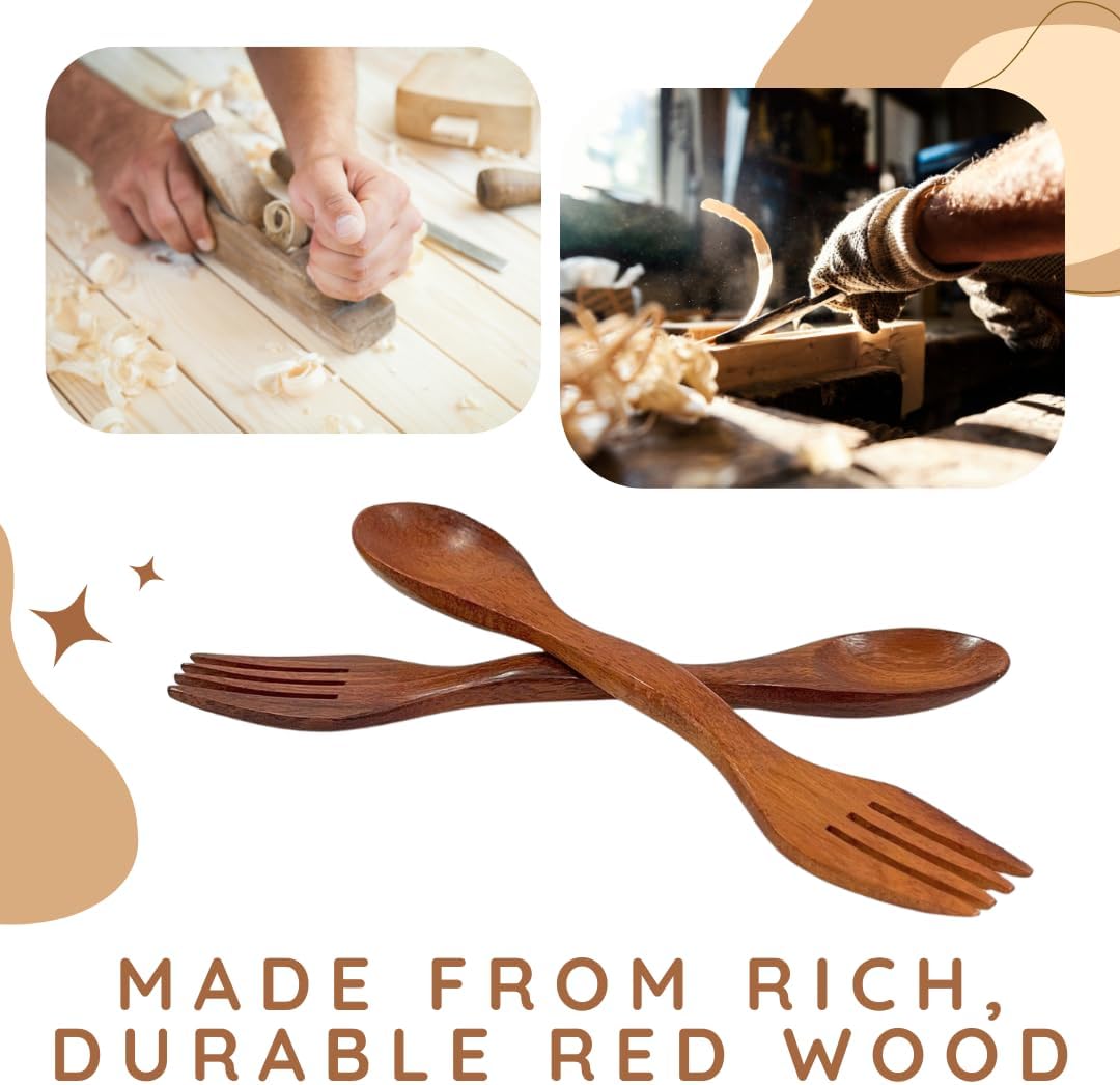 6 Inch Wooden Spoon and Fork (Spork) Set – Reusable Dual Purpose Wood Cutlery for Dessert, Snacks, Camping and Travel