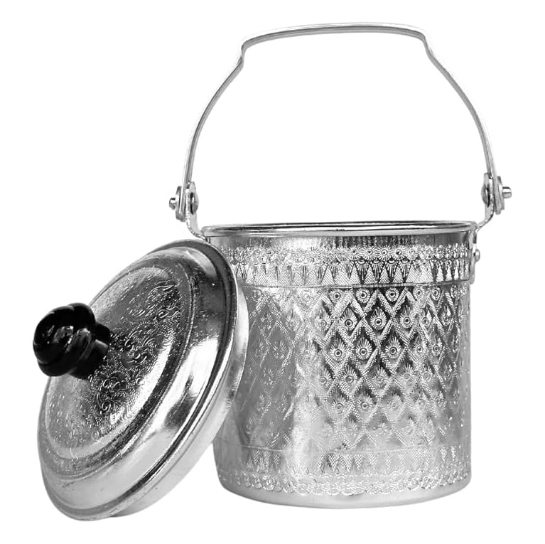 Vintage Thai Traditional Design Aluminum Silver Round Pot with Lid (10cm)