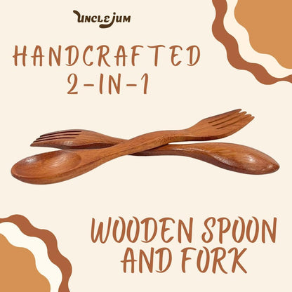 6 Inch Wooden Spoon and Fork (Spork) Set – Reusable Dual Purpose Wood Cutlery for Dessert, Snacks, Camping and Travel