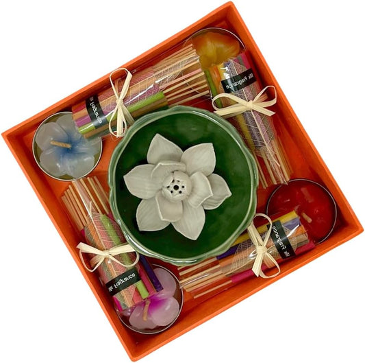 Lotus Incense Holder Gift Set – Thai Aromatherapy Incense and Scented Candle Kit