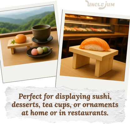 Sushi Serve Stand Plate Mini Wooden Display Set of 4 – Small Wood Shelf Tables, Pedestals for Art Toys, Collectibles &amp; Home Decoration
