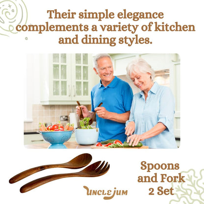 Set of 2 Wooden Spoon and Fork Pairs – 9” Natural Wood Cooking Utensils for Salad, Stirring, and Serving – Handmade Kitchen Tool Set