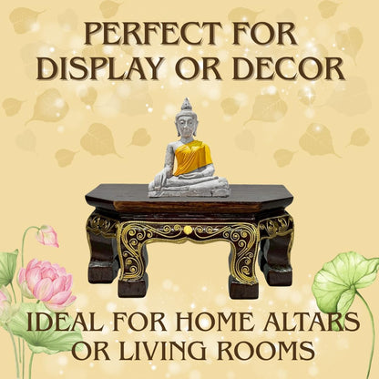 Thai Carved Wood Buddha Stand – 9" Handcrafted Mini Altar Hexagonal Table with Gold Thai Pattern – Small Wooden Pedestal for Buddha Statue, Meditation, or Home Shrine