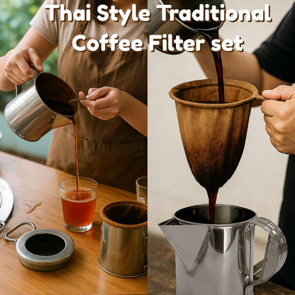 Stainless Steel Thai Tea Pot with Reusable Cloth Filter – Traditional Thai Coffee & Tea Strainer Set