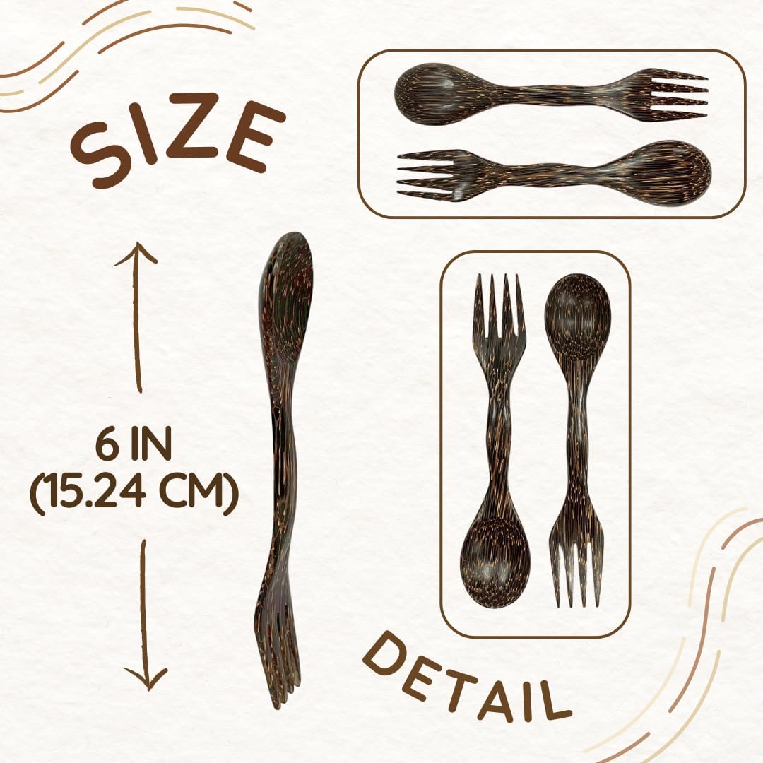 6 Inch Wooden Spoon and Fork (Spork) Set – Reusable Dual Purpose Wood Cutlery for Dessert, Snacks, Camping and Travel
