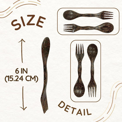 6 Inch Wooden Spoon and Fork (Spork) Set – Reusable Dual Purpose Wood Cutlery for Dessert, Snacks, Camping and Travel