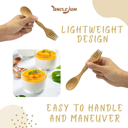 6 Inch Wooden Spoon and Fork (Spork) Set – Reusable Dual Purpose Wood Cutlery for Dessert, Snacks, Camping and Travel