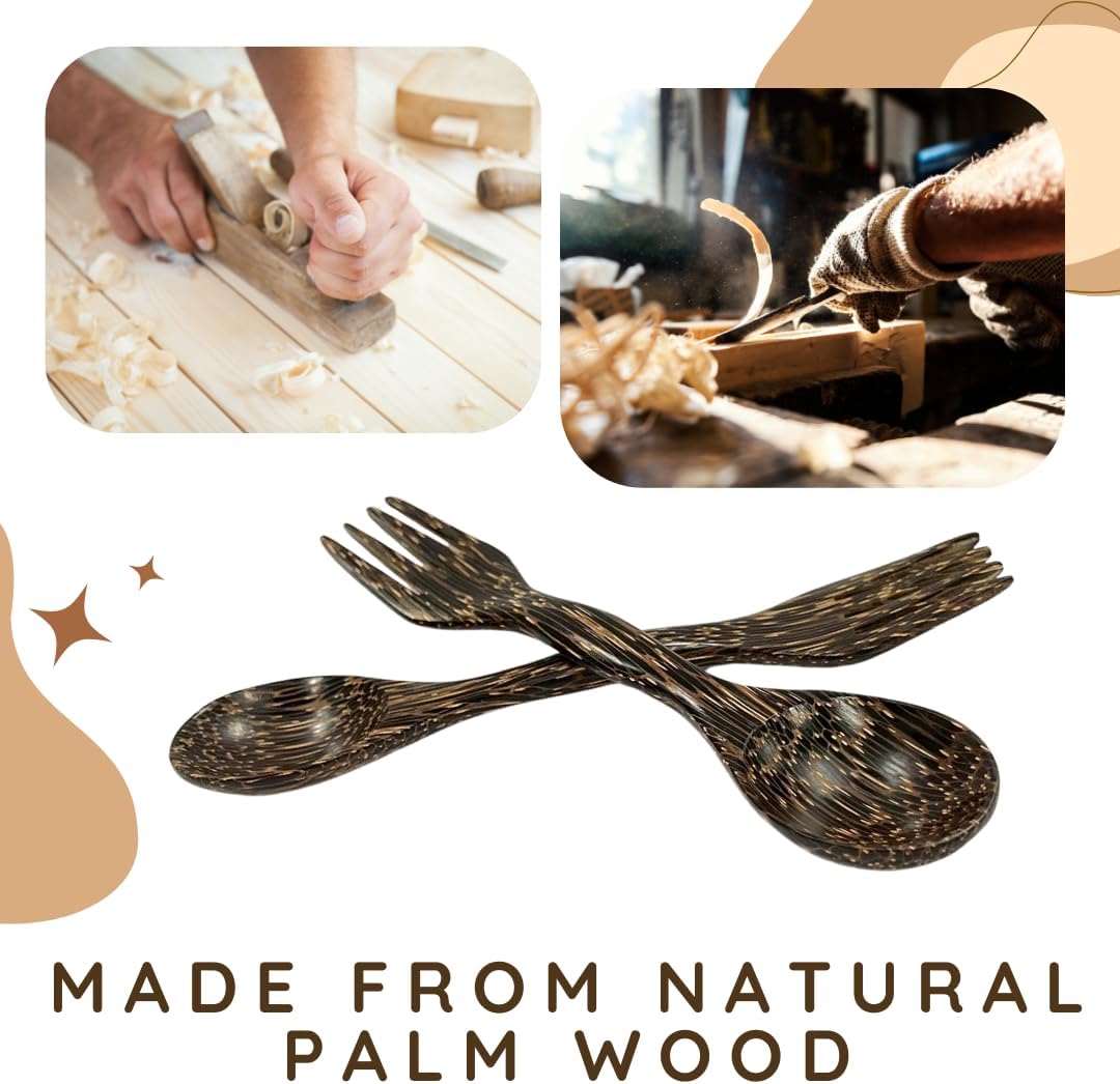 6 Inch Wooden Spoon and Fork (Spork) Set – Reusable Dual Purpose Wood Cutlery for Dessert, Snacks, Camping and Travel