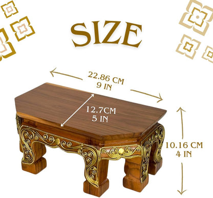 Thai Carved Wood Buddha Stand – 9" Handcrafted Mini Altar Hexagonal Table with Gold Thai Pattern – Small Wooden Pedestal for Buddha Statue, Meditation, or Home Shrine