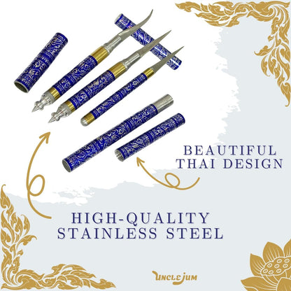 Set of 3 Thai Fruit & Soap Carving Knives – Handmade Stainless Steel Blades with Traditional Thai Pattern Handles | Professional Sculpting Tools for Fruit, Vegetable & Soap Art