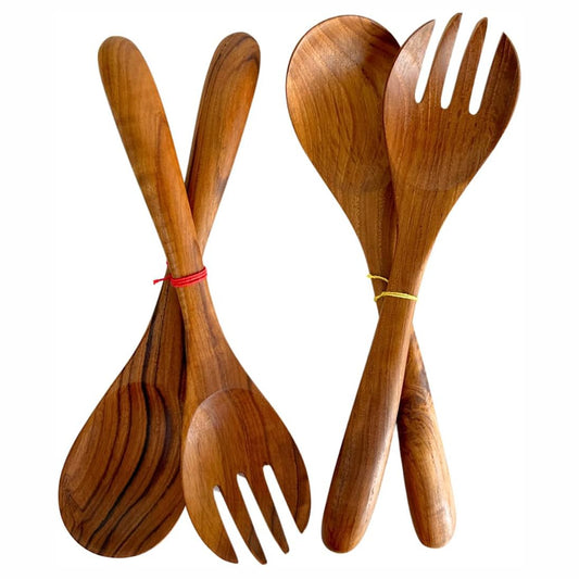 Set of 2 Wooden Spoon and Fork Pairs – 9” Natural Wood Cooking Utensils for Salad, Stirring, and Serving – Handmade Kitchen Tool Set