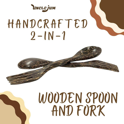 6 Inch Wooden Spoon and Fork (Spork) Set – Reusable Dual Purpose Wood Cutlery for Dessert, Snacks, Camping and Travel
