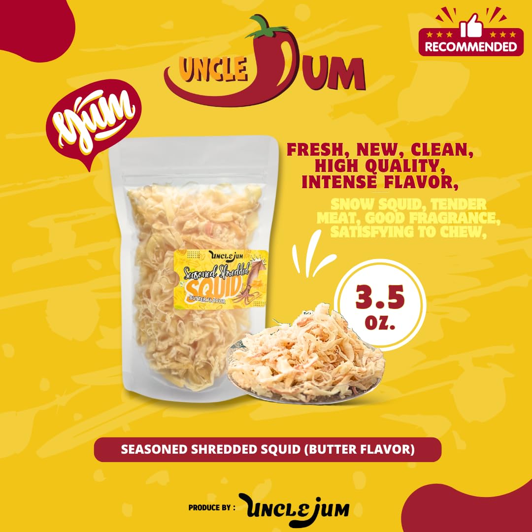 UNCLEJUM Dried Seasoned Shredded Squid (Butter Flavor) – 3.5 oz Snack