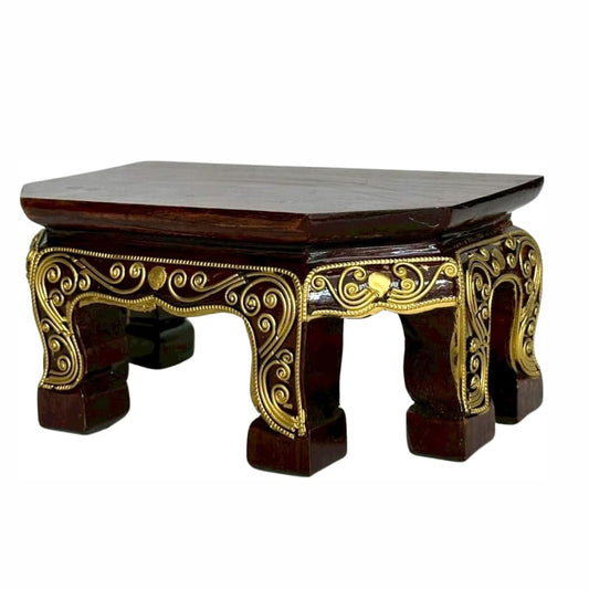 Thai Carved Wood Buddha Stand – 9" Handcrafted Mini Altar Hexagonal Table with Gold Thai Pattern – Small Wooden Pedestal for Buddha Statue, Meditation, or Home Shrine