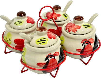 Thai Chicken Pattern Noodle Seasoning Mix Storage Rack – 4 Ceramic Pots Set