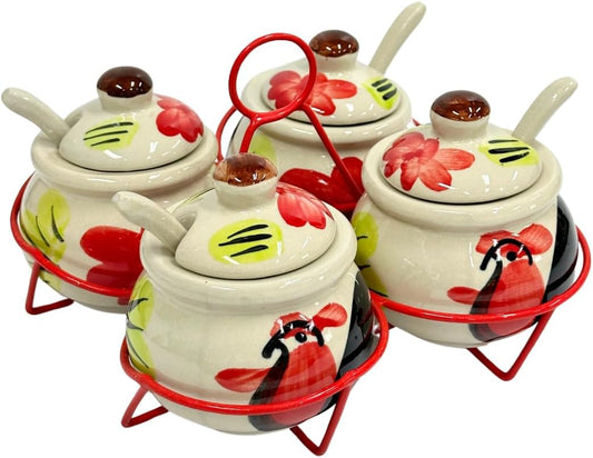 Thai Chicken Pattern Noodle Seasoning Mix Storage Rack – 4 Ceramic Pots Set