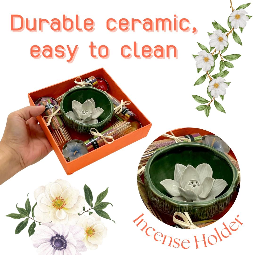 Lotus Incense Holder Gift Set – Thai Aromatherapy Incense and Scented Candle Kit