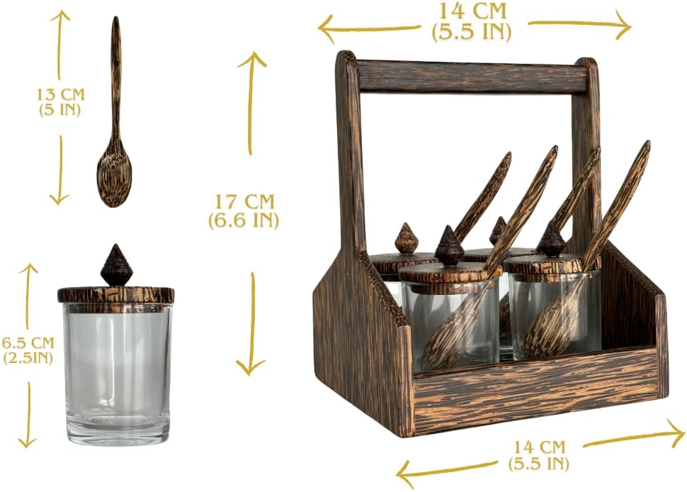 Asian Dinnerware Condiment Set – Palmwood Holder with 4 Jars & Spoons | Thai Kitchen Seasoning Organizer