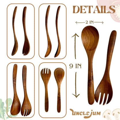 Set of 2 Wooden Spoon and Fork Pairs – 9” Natural Wood Cooking Utensils for Salad, Stirring, and Serving – Handmade Kitchen Tool Set