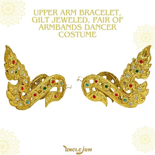Thai Traditional Dance Armbands – Gilt Jeweled Upper Arm Bracelets (Pair) by UNCLEJUM