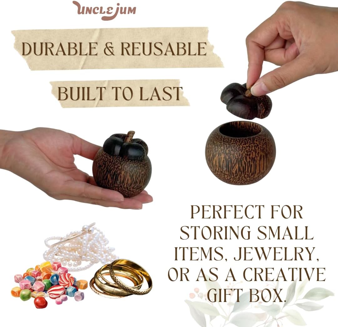 Mangosteen Shape Wooden Jar with Lid (Set of 2) – Palm Wood Mini Containers (2.5")