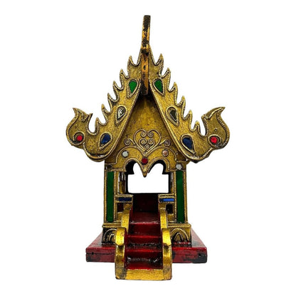Thai Gilt Jeweled Spirit House Wood Carving – 9 inch Thai Home Decor Art by UNCLEJUM