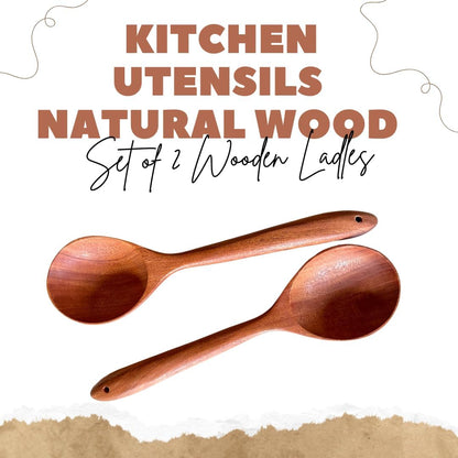 Set of 2 Natural Wooden Ladles – Handmade Palm Wood Soup Spoons 11 Inches, Eco-Friendly Kitchen Utensils & Tools