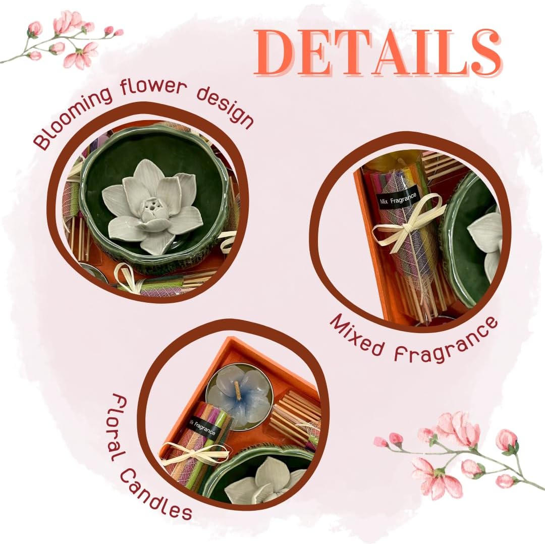 Lotus Incense Holder Gift Set – Thai Aromatherapy Incense and Scented Candle Kit