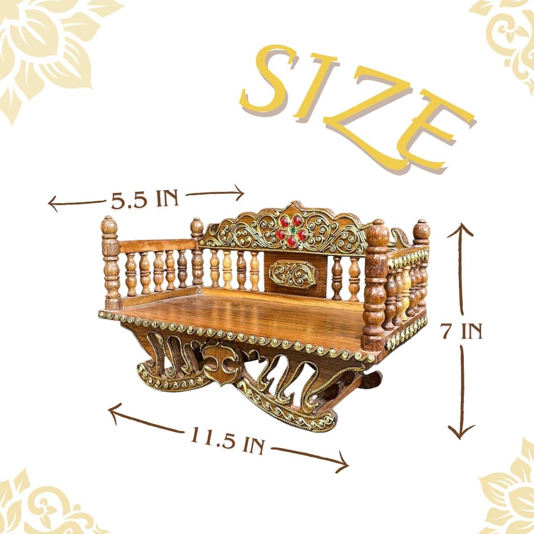 Handcrafted Thai Pattern Wood Carving Mini Shelf – Natural Wood Buddha Display (11.5")