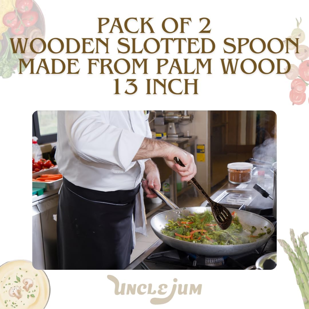 2 Pieces 13” Palm Wood Slotted Spoon Set – Handmade Wooden Cooking Utensils for Stirring, Salad Mixing, Frying &amp; Serving
