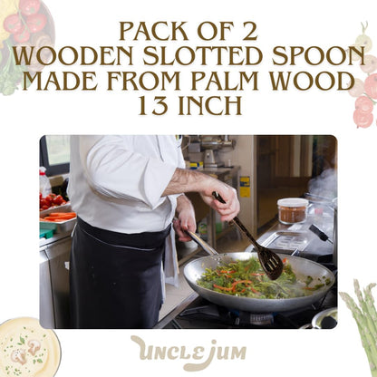 2 Pieces 13” Palm Wood Slotted Spoon Set – Handmade Wooden Cooking Utensils for Stirring, Salad Mixing, Frying &amp; Serving