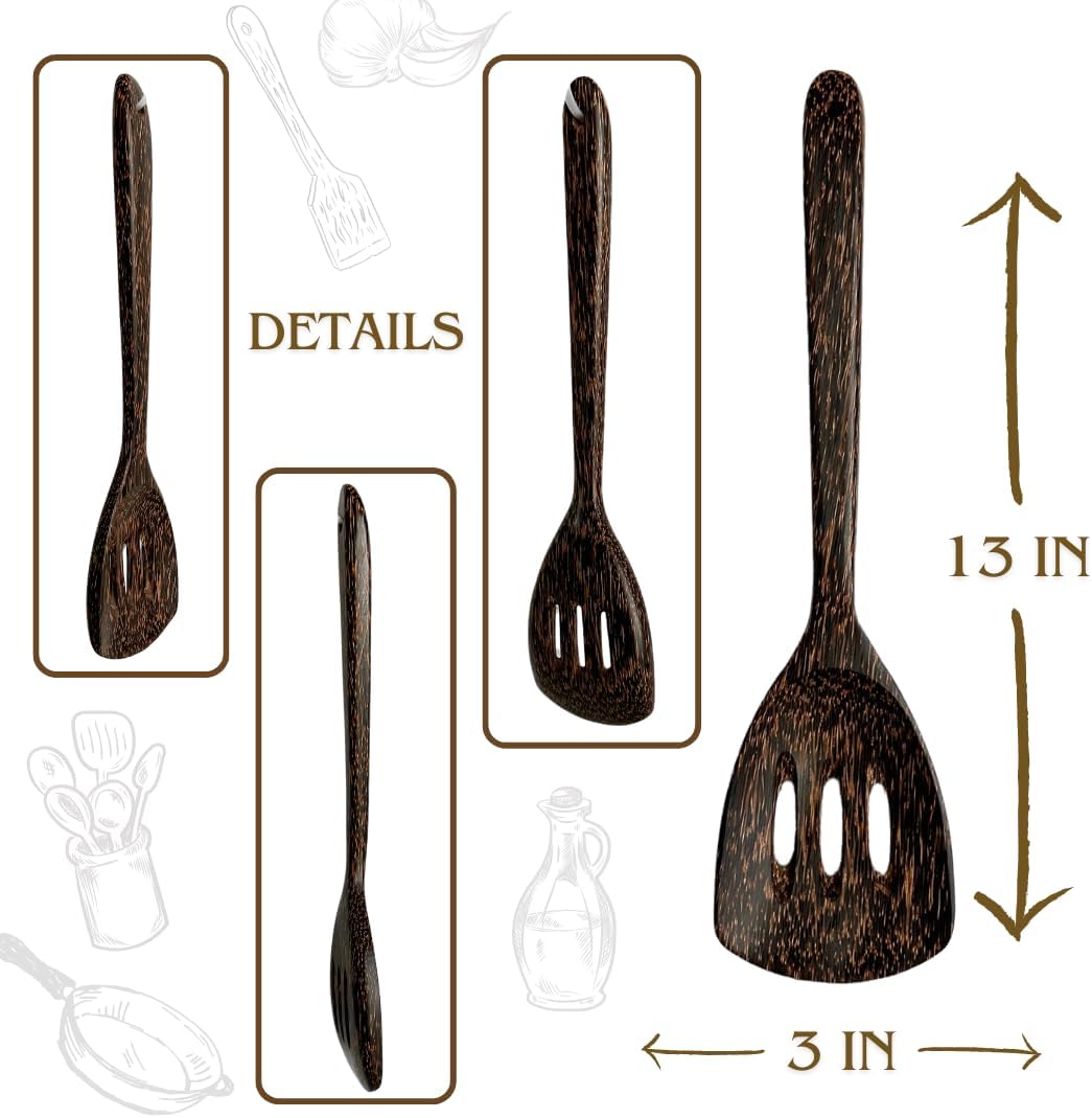2 Pieces 13” Palm Wood Slotted Spoon Set – Handmade Wooden Cooking Utensils for Stirring, Salad Mixing, Frying &amp; Serving