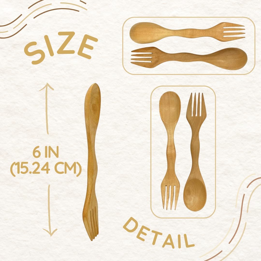 6 Inch Wooden Spoon and Fork (Spork) Set – Reusable Dual Purpose Wood Cutlery for Dessert, Snacks, Camping and Travel