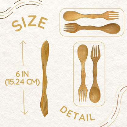 6 Inch Wooden Spoon and Fork (Spork) Set – Reusable Dual Purpose Wood Cutlery for Dessert, Snacks, Camping and Travel