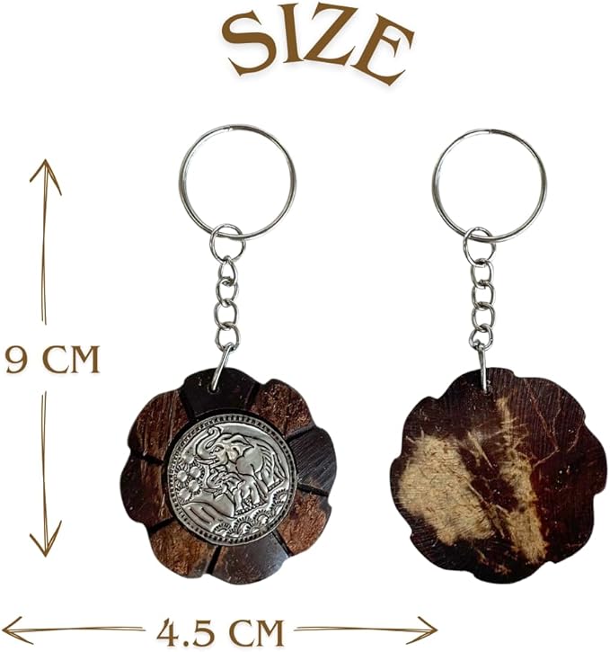 Elephant Keychains Set of 10 – Coconut Shell Wood Carving | Handcrafted Hammered Metal Plate