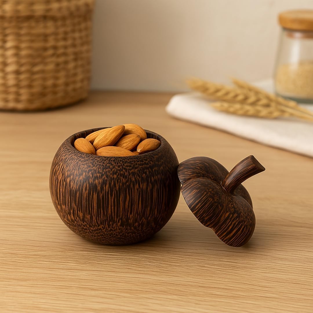 Mangosteen Shape Wooden Jar with Lid (Set of 2) – Palm Wood Mini Containers (2.5")