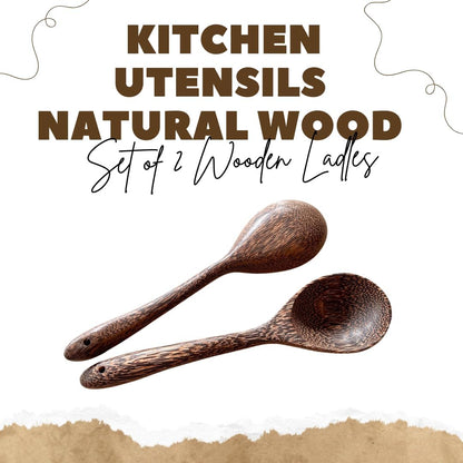 Set of 2 Natural Wooden Ladles – Handmade Palm Wood Soup Spoons 11 Inches, Eco-Friendly Kitchen Utensils & Tools